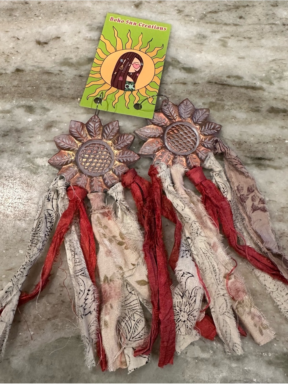 Red & Cream Sunflower Tassel Earrings